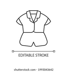 Tapa de seda e icono lineal corto. Ropa de sueño de moda para las mujeres. Elegante ropa de noche para las mujeres. Ilustración personalizable de línea delgada. Símbolo de contorno. Dibujo de contorno aislado del vector. Trazo editable