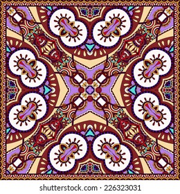 silk violet colour neck scarf or kerchief square pattern design in ukrainian karakoko style for print on fabric, vector illustration