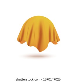 Silk yellow curtain cover covering invisible sphere object isolated on white background - realistic fabric drapery hiding a ball shaped mystery item floating in air, vector illustration