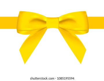 Silk yellow ribbon with a beautiful knot on a white background. Can be used for the design of gifts, postcards, congratulations. Vector illustration.