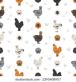 Silkie Chicken breeds seamless pattern. Poultry and farm animals. Different colors set.  Vector illustration