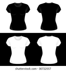 Silkscreen series. Black and white realistic woman's blank cap sleeve t-shirt templates.