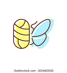 Silkworm with cocoon flat icon. Silk material. Fabric feature. Textile industry. Material quality. Color symbol. Isolated vector stock illustration