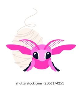 Silkworm - modern flat design style single isolated image. Neat detailed illustration of insect that is used to produce silk fabric in China. Skein of natural thread, little pink bug, organic idea