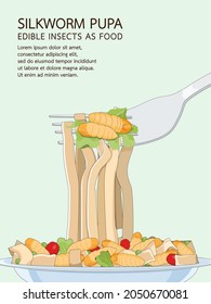 El pupa de gusano de seda insectos fritos con pasta y tomate en el plato y el tenedor para comer comestible como alternativa alimenticia saludable, es una buena fuente de alimento alta proteína para el futuro y el concepto de entomofagia.