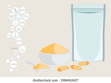 Silkworm Pupa powder insects for eating as food edible processed made of cooked insect in packaging pouch bag and symbol media icons, it is good source of protein for future and entomophagy concept.