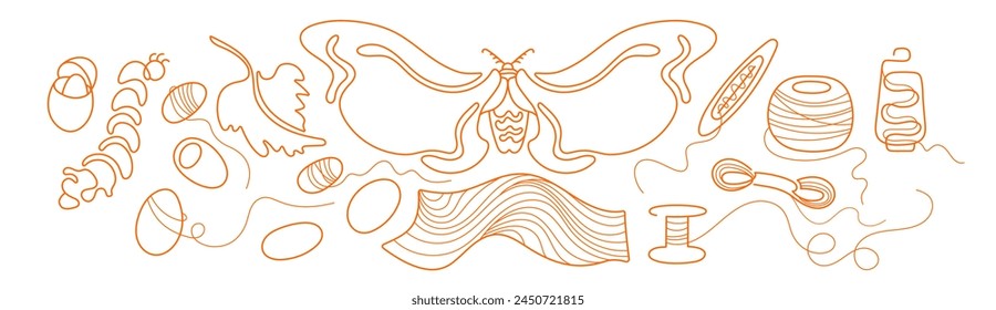 Gusano de seda y oruga de seda, capullo, mariposa, carrete de hilo y colección de tela. Materiales para máquina de coser. Trasbordador con tejido tailandés. Ilustración vectorial de línea. Trazo editable