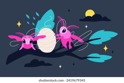 Silkworms produce silk - modern colored vector illustration with insects and chrysalis larva on a tree branch. Natural habitat, comfortable conditions. Night landscape in Asia in neon lights