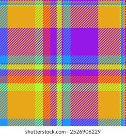 Silky check texture vector, female fabric textile tartan. Hat seamless pattern plaid background in amber and violet colors palette.