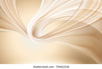 Silky chiffon elements, fluttering fabric texture on champagne gold tone background in 3d illustration