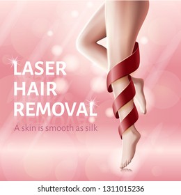 Silky Legs Skin Concept. Laser Hair Removal. Advertising Banner For Woman. Red Ribbon Around Leg. Smooth Skin. Perfect Female Beauty Salon. Pink Background. Cosmetological Procedure. Vector EPS 10.