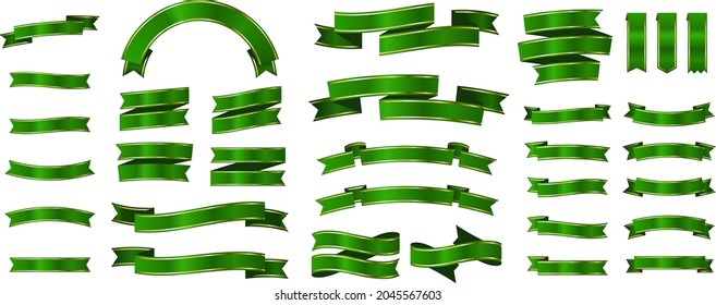 Silky ribbons and banners set. Green with gold line. Vector data.