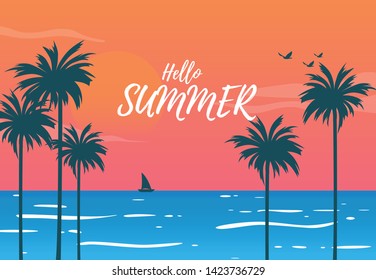 Sillhouate land scape view of the sea landscape with summer coconut trees while the sunset in sundown time and sky with the big sun in orange color and birds-copy space in sky for text hello summer