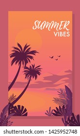 Sillhouate land scape view of the sea landscape with summer coconut trees while the sunset in sundown time and sky with the big sun in orange color and birds-copy space in sky for text Summer Vibes