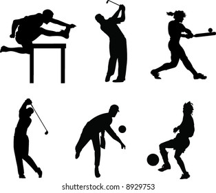 Sillhouete of 6 People playing Sports. Running, Golf, Softball, Baseball, Soccer.