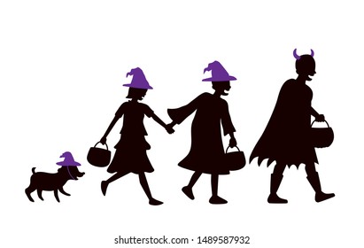 Sillhouette of Children group and dog wearing clothes and hat as witch and devil carrying a pumpkin pot walking for solicit gifts.