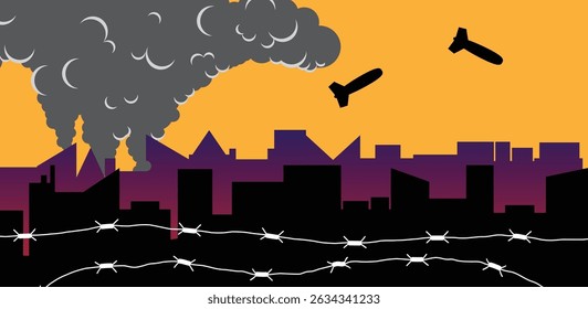 Sillhouette of a City War Zone with Burning Buildings. Calamities and social armed conflicts vector art