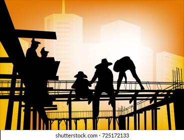 Sillhouette Construction Worker And Engineer Working