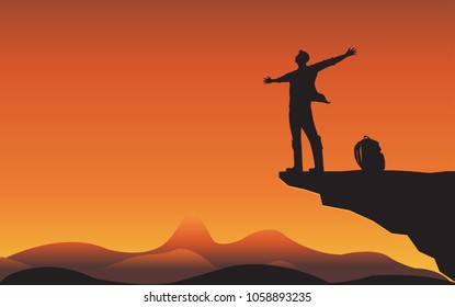 Sillhouette Man On Mountain Cliff, Man Of Freedom, People Of Nature Concept. Illustration Vector Flat