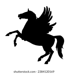 Sillhouette of a mythical horse animal with wings. Silhouette of pegasus greek mythical flying horse creature.