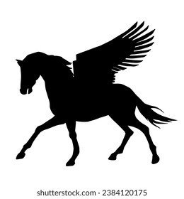 Sillhouette of a mythical horse animal with wings. Silhouette of pegasus greek mythical flying horse creature.