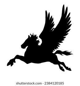 Sillhouette of a mythical horse animal with wings. Silhouette of pegasus greek mythical flying horse creature.