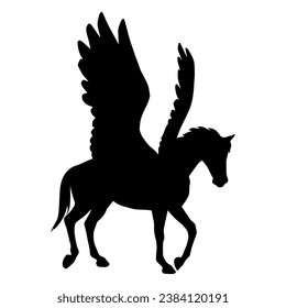 Sillhouette of a mythical horse animal with wings. Silhouette of pegasus greek mythical flying horse creature.