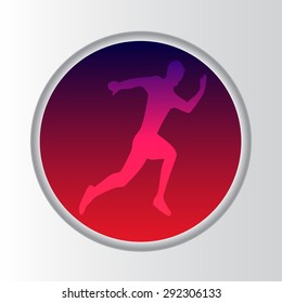 Sillhouette of running man with abstract background button pink