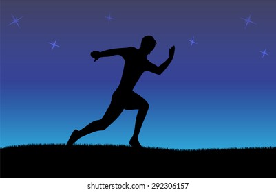 Sillhouette of running man with abstract background on night