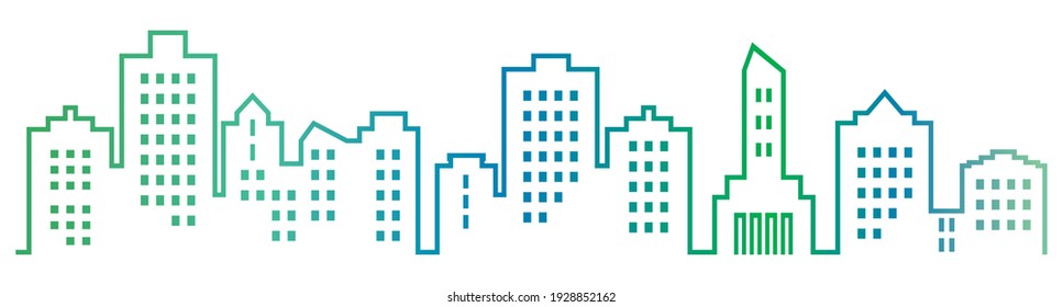 Sillhouette of town, group of high-rise houses with windows. Multicolored vector icon.  Blue and green colors.
