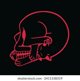 The sillhoutte of a skull emerges from juxtaposition of a cat and a fish. The cat's sleek form blends seamlessly with the fish's fluid shape, creating harmonious yet eerie composition.