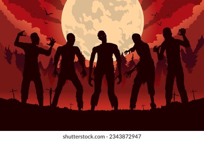 Sillouette zombie group standing in the graveyard on full moon night. Illustration about Halloween night with evil.