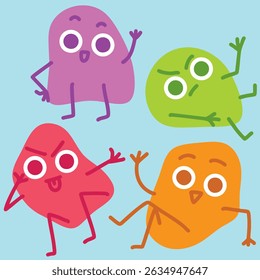 Silly blob character mascots for advertisement, web design, product placement. Cute, fun, colorful cast of expressive shapes. Strawberry red, grape purple, lime green, fresh orange. Vector, EPS 10.