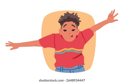 Garoto bobo criança personagem de desenho animado brincando em torno de cara grimacing provocando apresentando comportamento enganoso bolha projeto retrato. Criança pré-escolar mal animado expressando diversão e alegria ilustração vetorial
