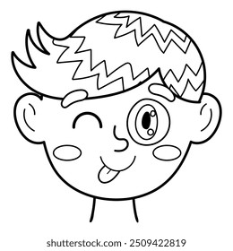 Silly boy face in black and white. Kid shows tongue clipart in outline. Excited emotion. Feeling concept vector illustration