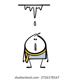 Chico tonto se para bajo un carámbano peligroso en el techo. Ilustración vectorial de un stickman en primavera y derretir el hielo que gotea en su cabeza. Una situación alarmante.