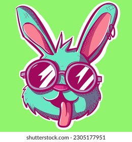 Silly bunny illustration with the tongue sticking out. Green rabbit head with cool round sunglasses and piercings.