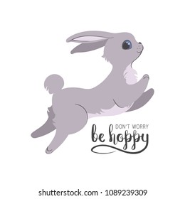 Silly bunny poster with handwritten inscription. "don't worry be hoppy" card with hand drawn lettering.   Flat style illustration isolated on white background. Editable vector graphics in EPS 8.