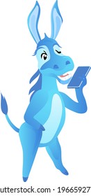 A silly, cartoon donkey talking on the phone. Blue donkey. Funny illustration with a talking donkey.