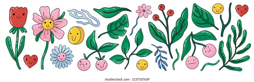 silly cartoon flowers plants fruits and folliage with faces. colorful kawaii nature illustrations with spring theme. vector illustration set for kids, merch and stickers. tulips and daisies 