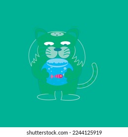 a silly cat carrying an aquarium filled with a fish