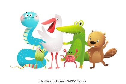 Silly Cheerful Zoo Animals Crocodile Snake and Beaver funny friends. Illustration in silly style for kids with crab and frog . Vector characters design for children in hand drawn watercolor style.