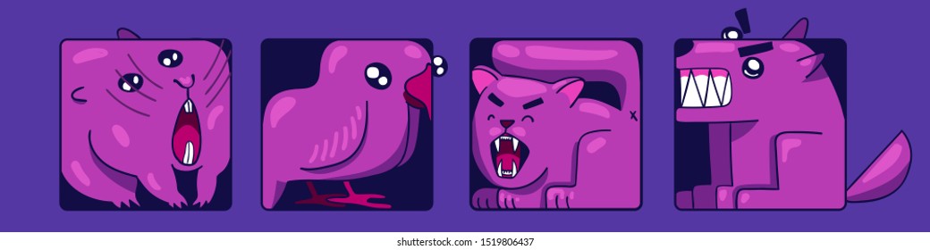 silly crazy square pets animals characters showing teeth. pet set of stickers or icons. bright violet burble colors. hamster, parrot, kitty cat, angry dog