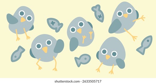 Silly cute blob shaped pigeons in expressive poses surrounded by fish. Cartoon animal characters collection. Bird illustration vector on isolated background for stickers, graphics, mascots. EPS 10.