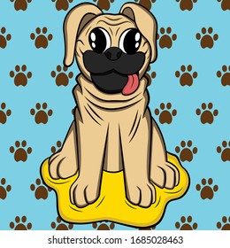 Tonto y lindo pug encima de su orina, en versión de caricatura e ilustración vectorial.