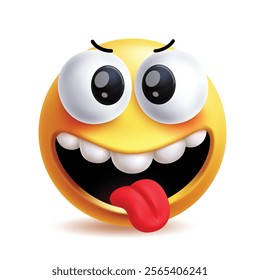 Silly face emoji clipart character. Clipart emoji 3d facial expressions in ridiculous, foolish and crazy round yellow icon graphic elements in white background. Vector illustration silly face emoticon