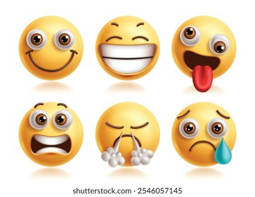 Conjunto de personajes de Vector de emoji de cara tonta. Emoji personaje de arte de Clip travieso con colección redonda amarilla de expresión facial feliz, sonriente, sorpresa, sorpresa, enojado y llorando. Ilustración vectorial tonta 