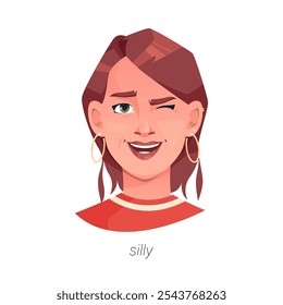 Tonta expresión facial de mujer con cara sonriente. Personaje de dibujos animados plano aislado de Vector, personaje de dama guiñando el ojo juguetón y positivo. Muchacha joven en buen sentimiento, jugando alrededor y divirtiéndose