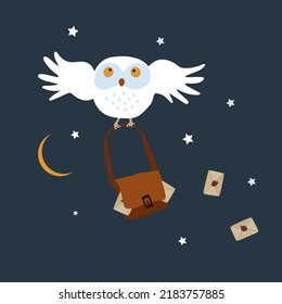 Silly funny white owl carries a bag with letters. Bird postman flies with mail. Vector hand drawn illustration.