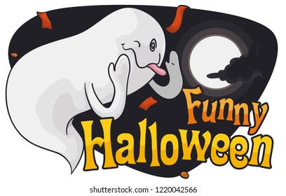 Silly ghost floating and celebrating with streamers and confetti in a Halloween night with full moon, remembering to have fun during this event.